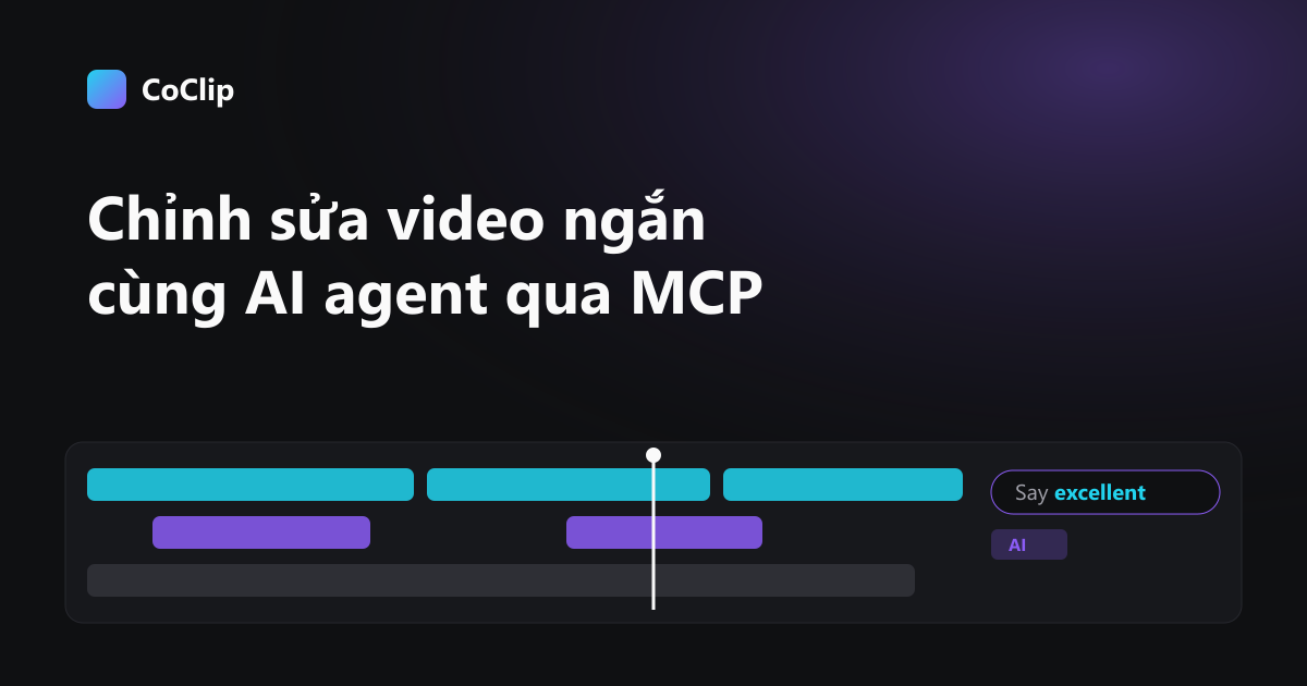 Timeline trình chỉnh sửa nền tối với một clip gắn nhãn AI và bong bóng chat yêu cầu dời giọng đọc